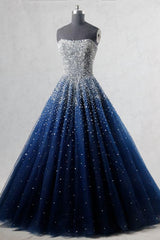 Navy Blue Strapless Floor Length Prom Ball Gown with Beading Sequins, Prom Dresses,Formal Dresses
