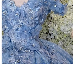 Off the shoulder blue ball gown , sparkly prom dress with flowers