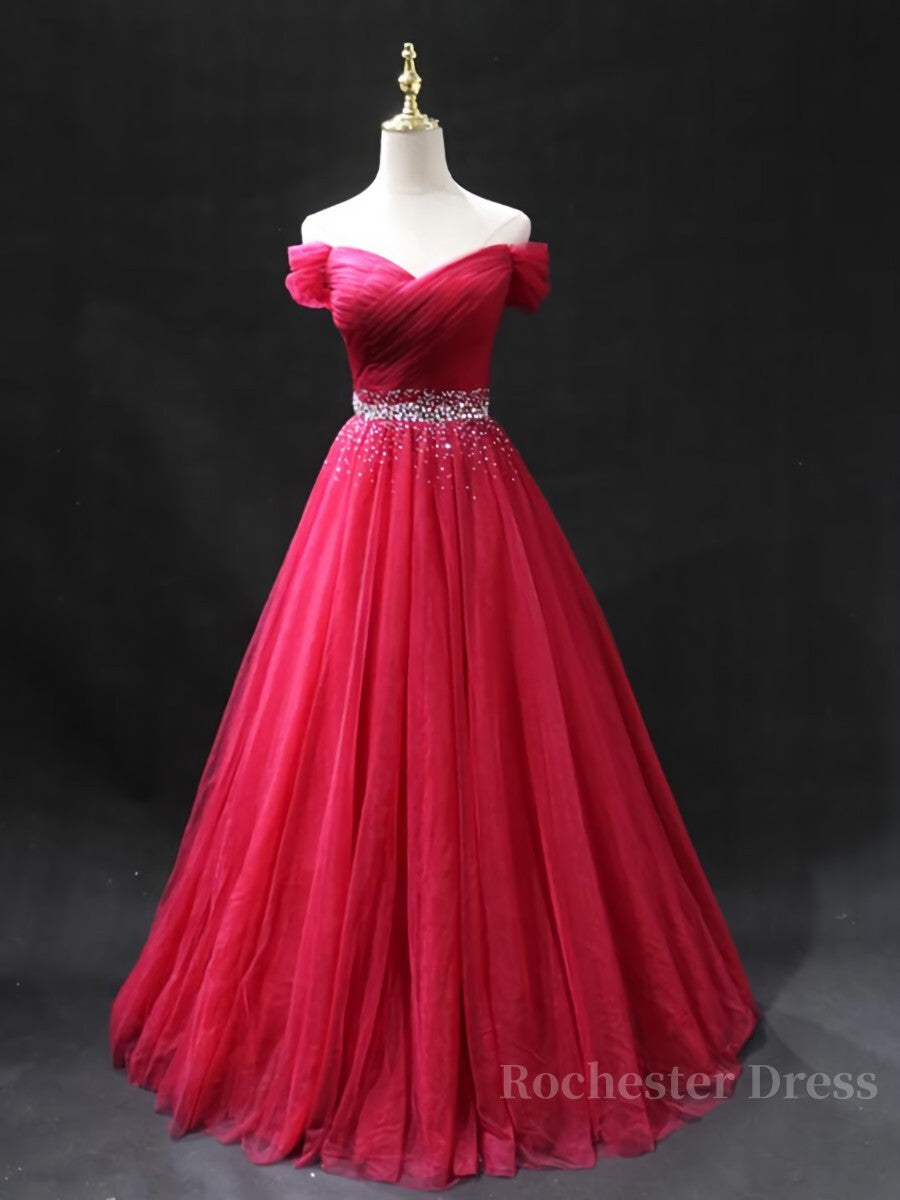 Off the Shoulder Burgundy Prom Dresses with Beaded Belt, Wine Red Long Formal Evening Dresses