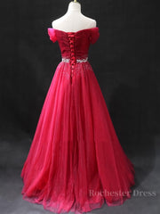 Off the Shoulder Burgundy Prom Dresses with Beaded Belt, Wine Red Long Formal Evening Dresses