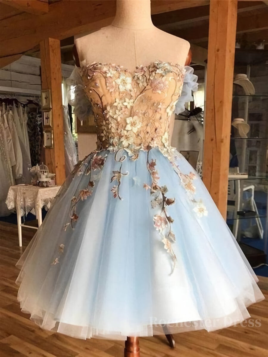 Off the Shoulder Short Blue Lace Floral Prom Dresses, Off the Shoulder Short Blue Lace Graduation Homecoming Dresses