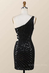 One Shoulder Black Sequin Tight Mini Dress