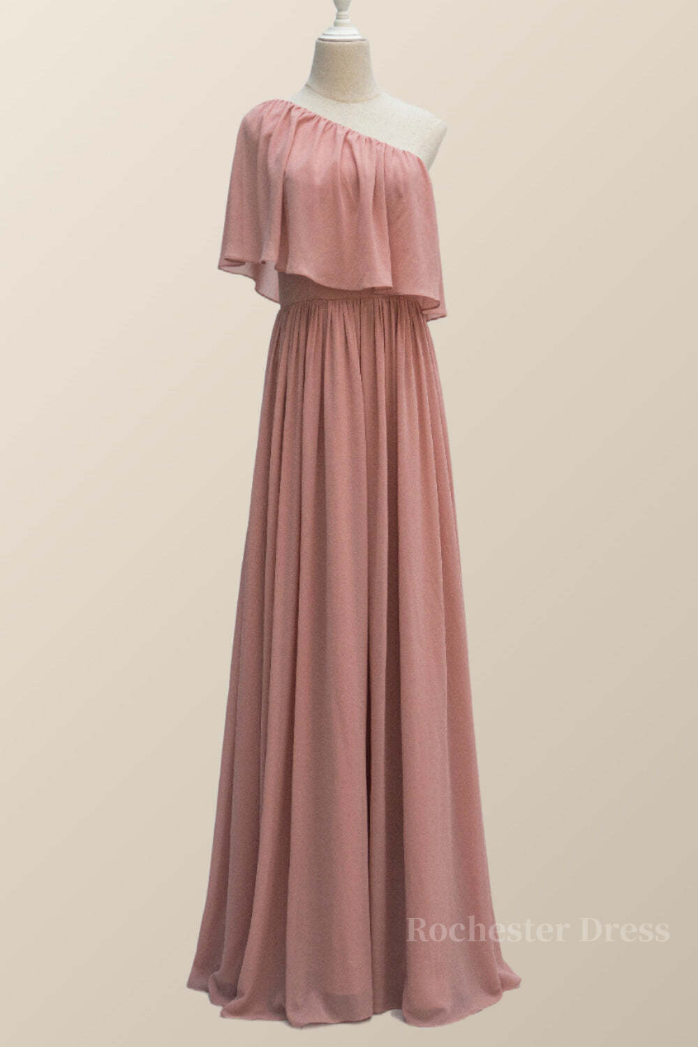 One Shoulder Blush Pink Chiffon Crepe Bridesmaid Dress