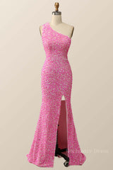 Pink Glitters One Shoulder Mermaid Long Dress