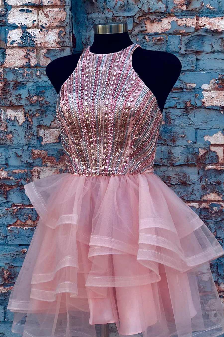 Pink Halter Beaded Short Homecoming Dress,Wedding Party Dresses