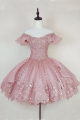 Pink Lace Homecoming Gown with Beading,Princess Off the Shoulder Hoco Dress