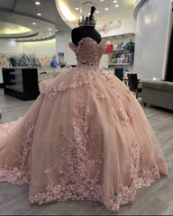 Pink Lace Long Prom Dresses, Ball Gown Sweet 16 Dresses