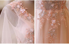 Pink Tulle Floral Applique Prom Dresses, Puff Sleeves Long Formal Dress