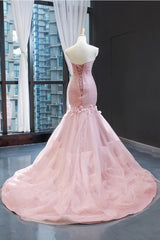 Pink Tulle Prom Dresses Sweetheart Mermaid Long Formal Dress with Ruffles,Wedding Party Dresses