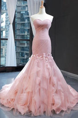 Pink Tulle Prom Dresses Sweetheart Mermaid Long Formal Dress with Ruffles,Wedding Party Dresses