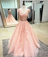 Pink v neck tulle lace applique long prom dress, pink tulle evening dress