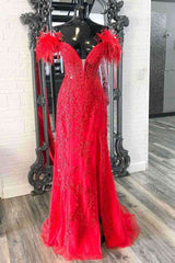 Plunging V-Neck Red Feather Shoulder Long Prom Dress Gala Evening Gown