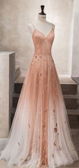 Unique champagne tulle long tulle Evening Dresses