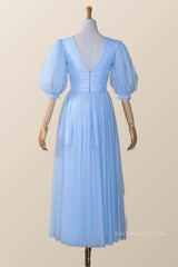 Puffy Sleeves Blue Empire Tea Length Dress