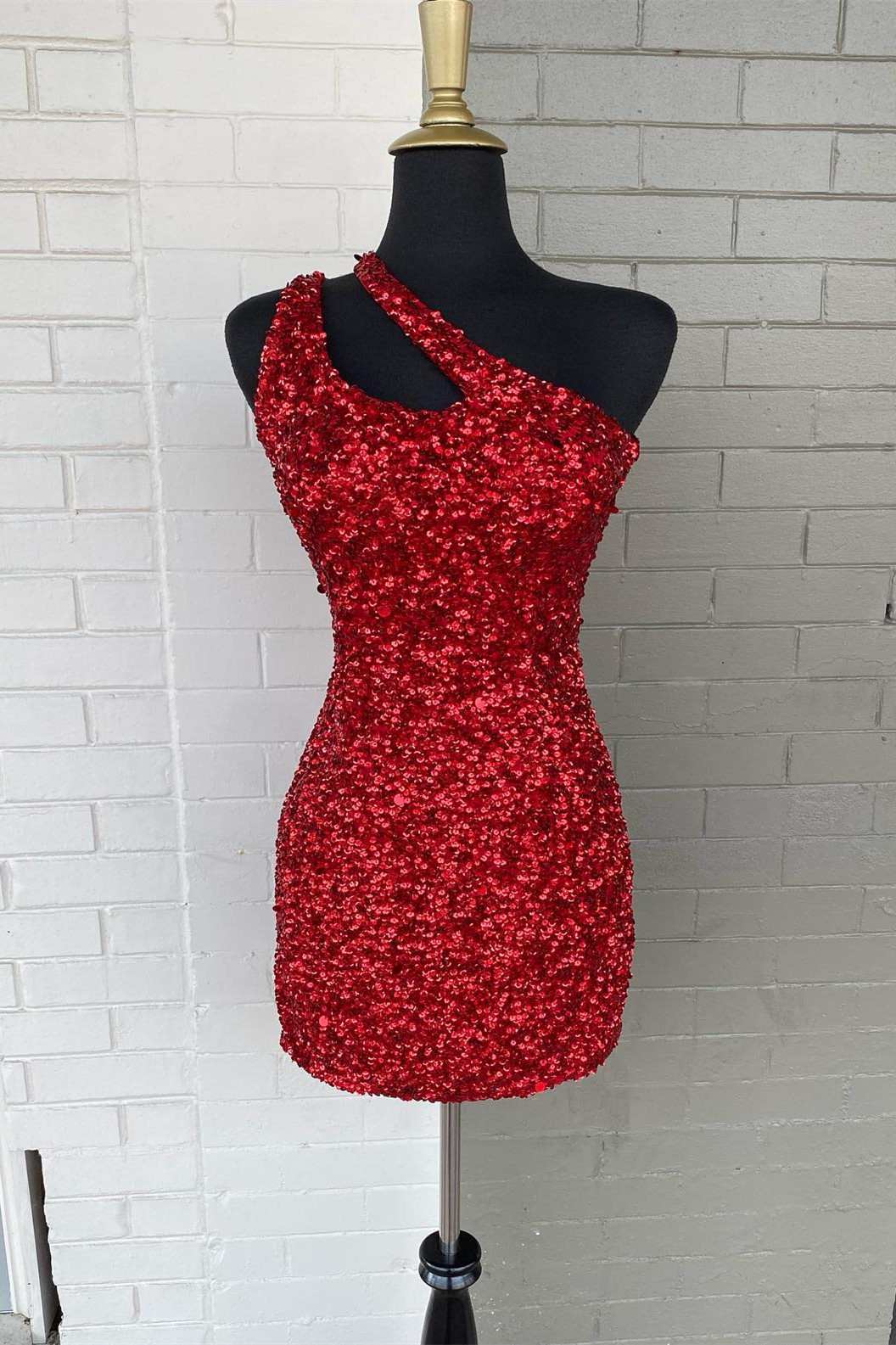 Red One Shoulder Cutout Short Homecoming Gown Sequined Cocktail Dress