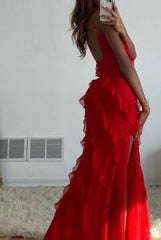 Red Ruffles Long Formal Dress Elegant Evening Dresses Mermaid