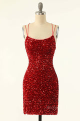 Red Sequin Bodycon Mini Party Dress with Double Straps