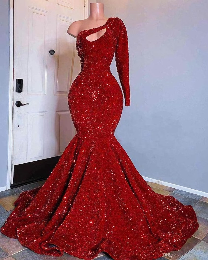 Red Sequined Black Girls Mermaid Prom Dresses One Shoulder Long Sleeve Evening Gowns
