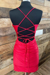 Red V Neck Lace-Up Short Homecoming Dress Cocktail