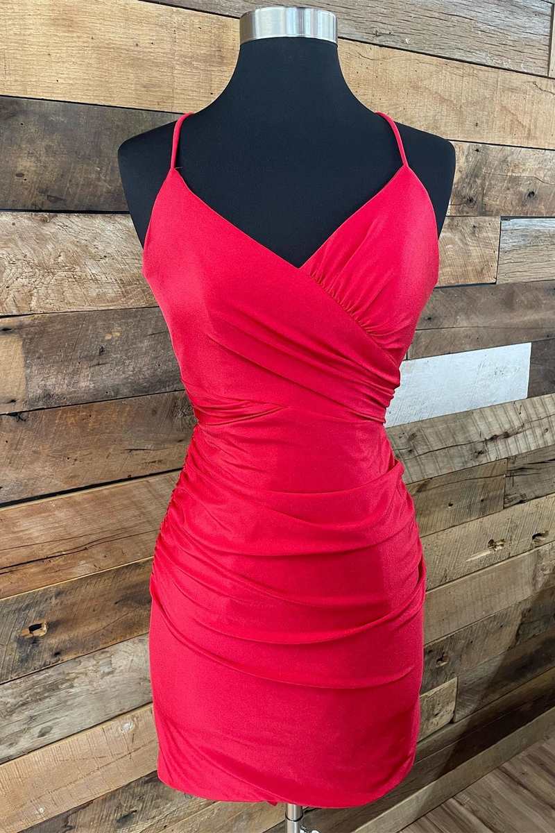 Red V Neck Lace-Up Short Homecoming Dress Cocktail