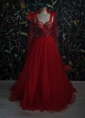 Red Velvet Prom Dress Tulle Evening Gowns