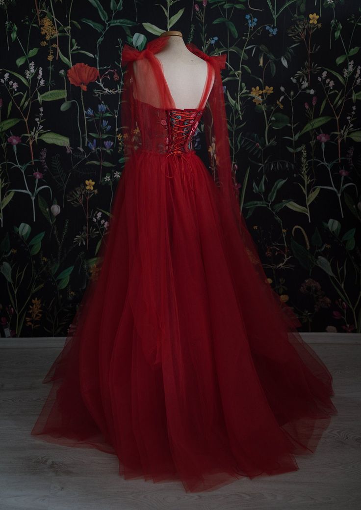 Red Velvet Prom Dress Tulle Evening Gowns