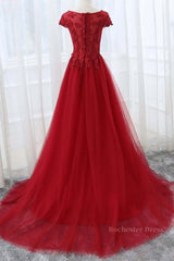 Round Neck Cap Sleeves Lace Long Prom Dresses,Tulle Lace Formal Evening Dresses