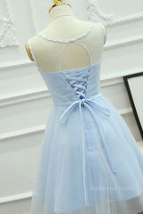 Round Neck Short Blue Lace Prom Dresses, Short Blue Lace Homecoming Graduation Dresses