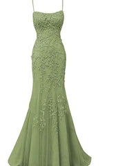 Sage Green Lace Appliques Dresses Long Prom Dress Mermaid Spaghetti Straps Evening Dress