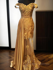 Sheath/Column Off-the-Shoulder Sweep Train Elastic Woven Satin Prom Dresses With Appliques Lace