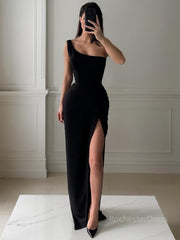 Sheath/Column One-Shoulder Floor-Length Stretch Crepe Prom Dresses With Leg Slit