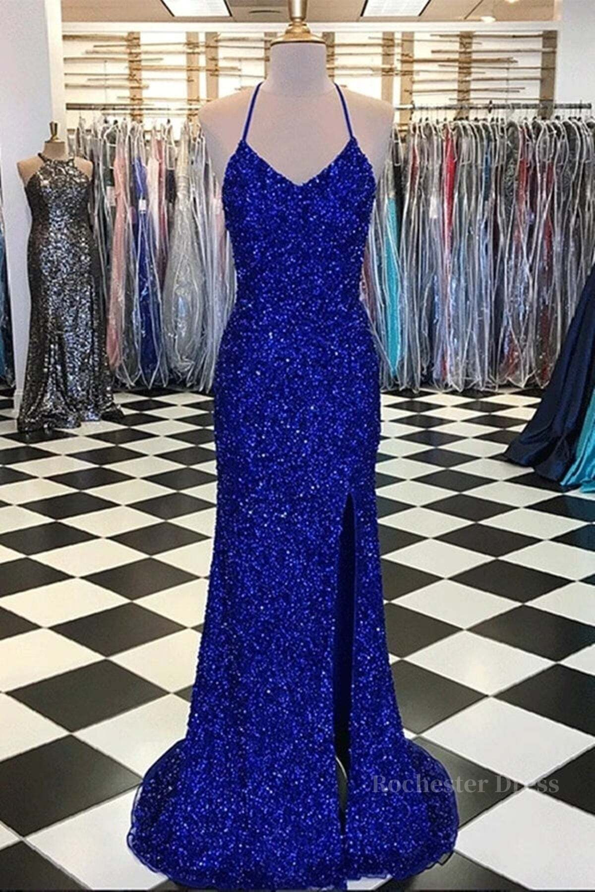 Shiny Blue Sequins Mermaid Backless Long Prom Dress with High Slit, Mermaid Blue Formal Dress, Blue Evening Dress