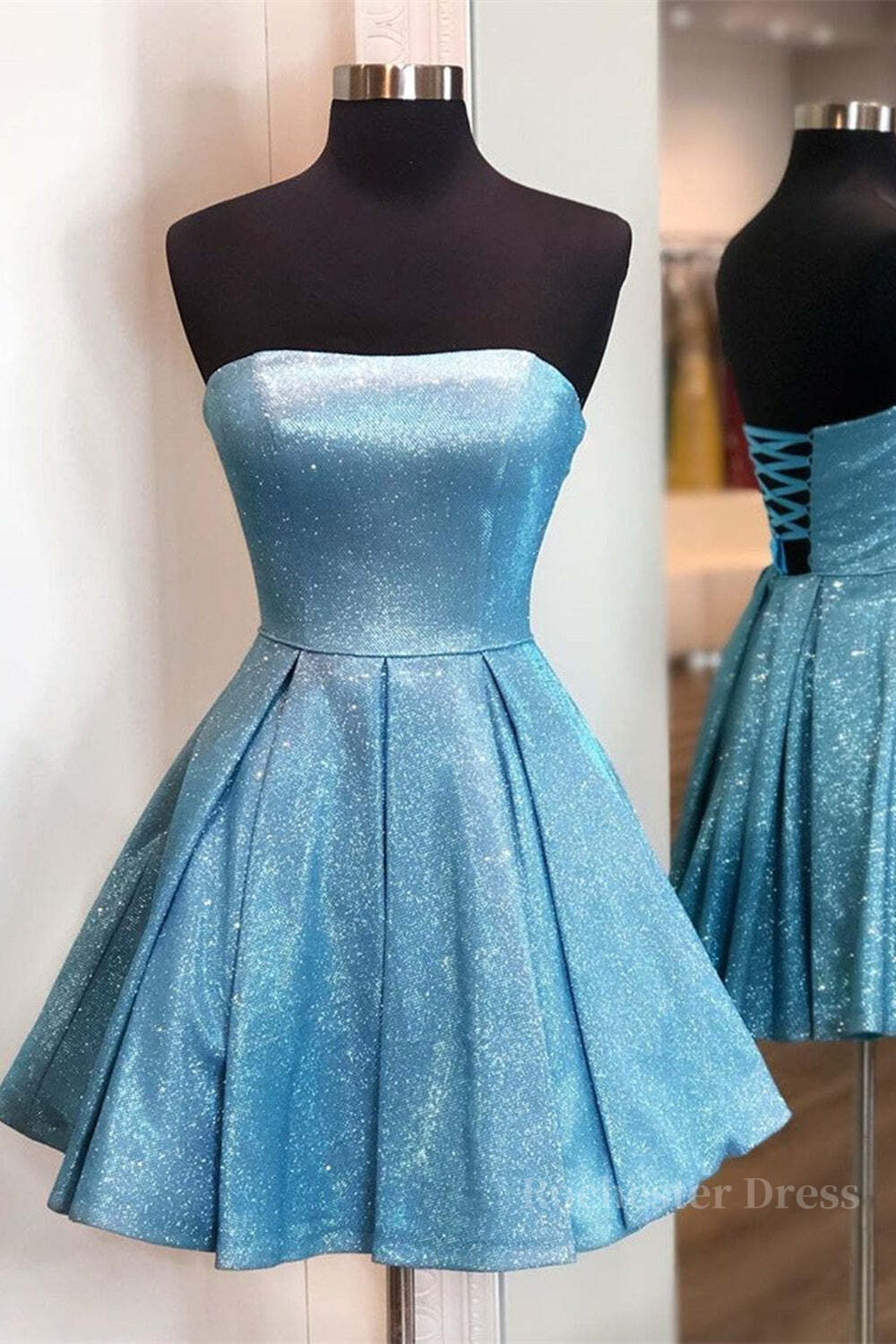 Shiny Strapless Blue Short Prom Dresses, Open Back Blue Homecoming Dresses, Blue Formal Evening Dresses
