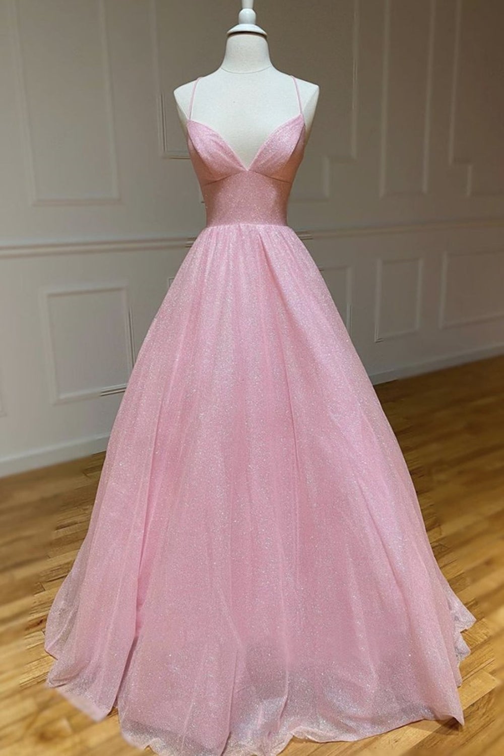 Shiny V Neck Backless Pink Long Prom Dress, Formal Graduation Evening Dresses