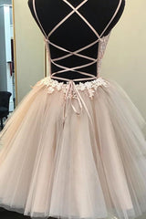 Short Backless Champagne Lace Prom Dresses, Short V Neck Champagne Lace Graduation Homecoming Dresses