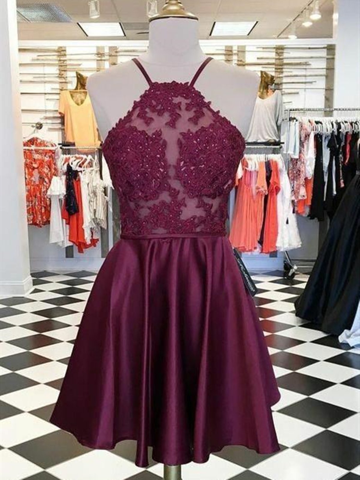Short Burgundy Lace Prom Dresses, Burgundy Lace Formal Homecoming Graduation Dresses