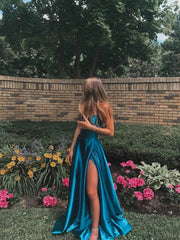 Simple Blue A-Line Satin Sleeveless Prom Dresses,Long Evening Party Dresses
