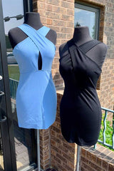 Simple Blue Tight Cross Front Short Cocktail Dresses