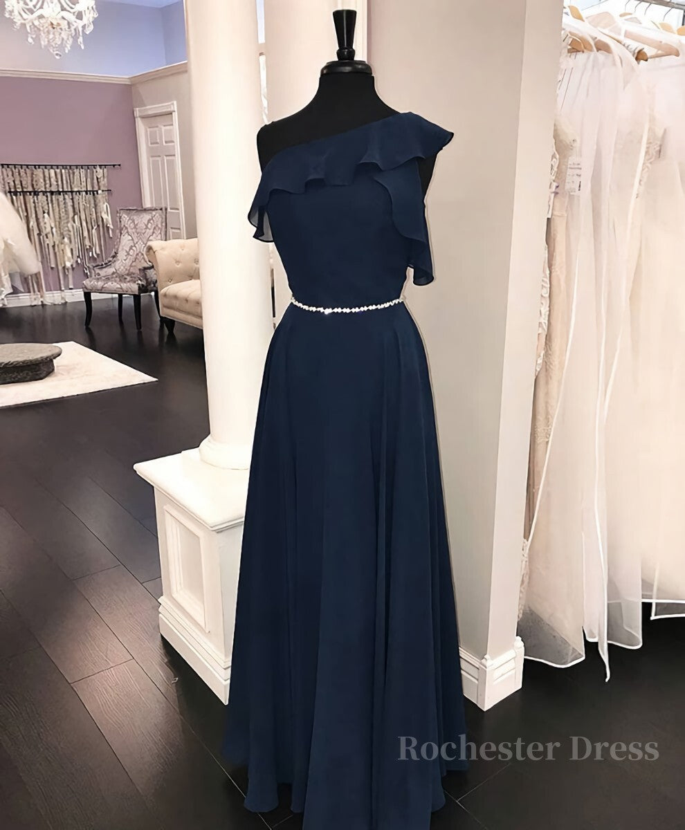 Simple chiffon dark blue long prom dress, bridesmaid dress