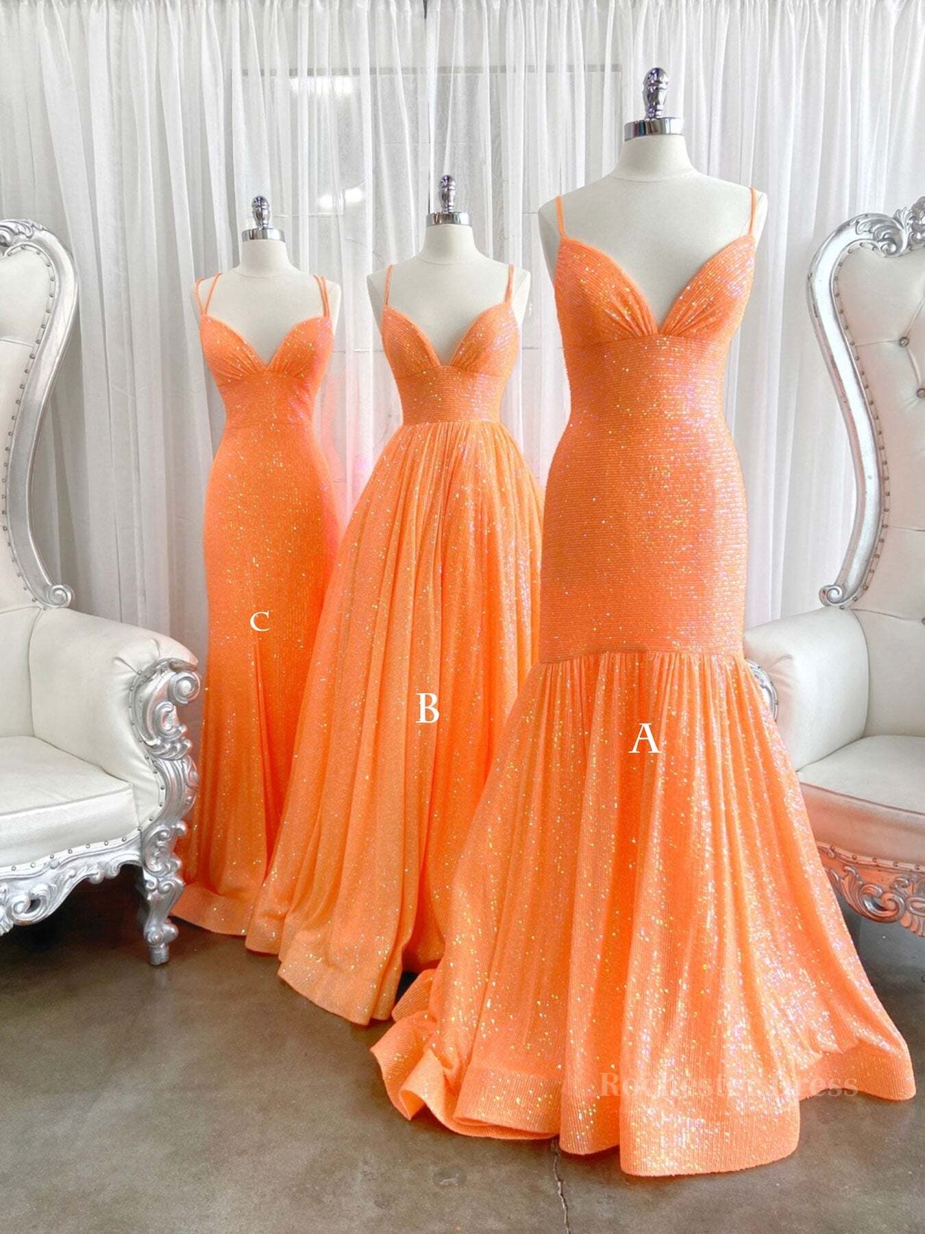 Simple Orange sequin long prom dress orange long evening dress