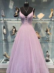 Simple purple v neck tulle long prom dress, purple evening dress