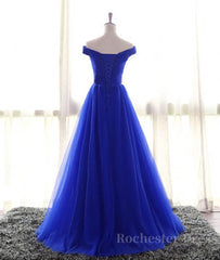 Simple sweetheart tulle blue long prom dress, blue evening dress