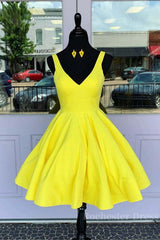 Simple V Neck Yellow Short Prom Dress, V Neck Yellow Homecoming Dress, Yellow Graduation Formal Evening Dress