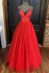 Spaghetti Straps A-line Red Shiny Prom Gown,Long Prom Dresses