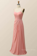 Spaghetti Straps Blush Pink Chiffon A-line Long Bridesmaid Dress