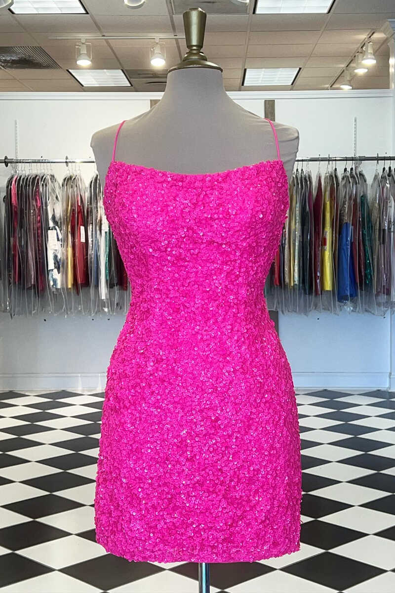 Spaghetti Straps Hot Pink Bodycon Mini Dress,Graduation Dresses