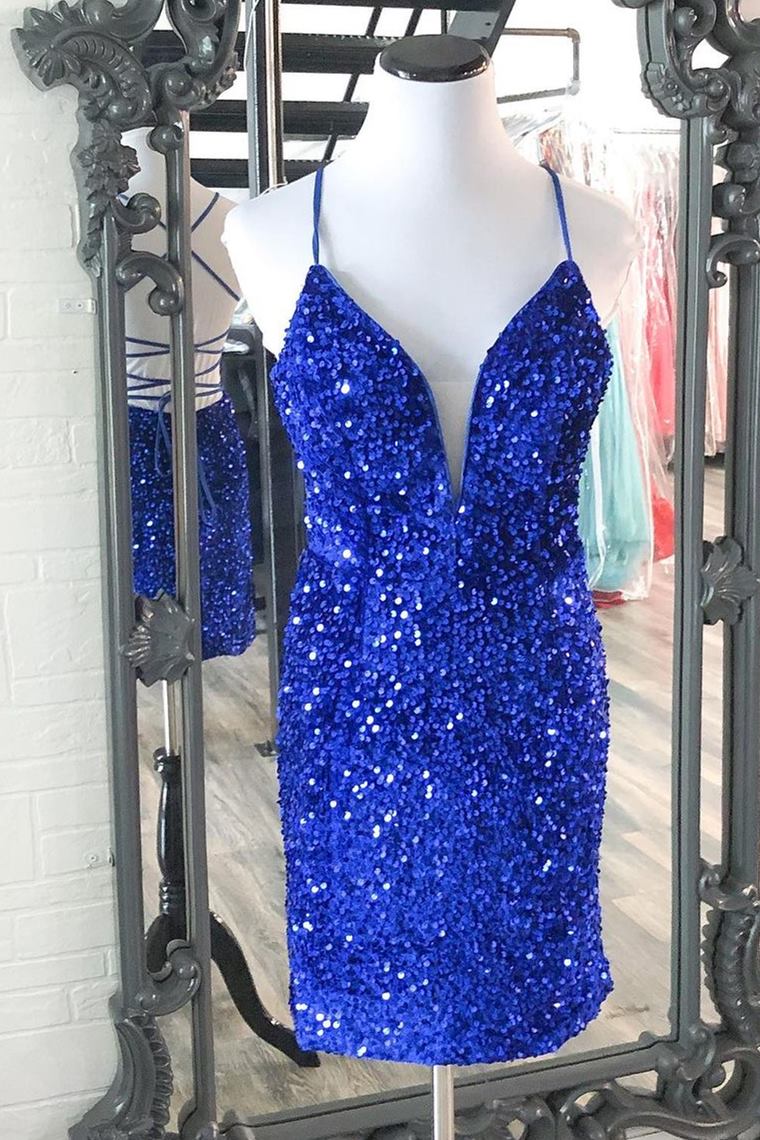 Sparkle Royal Blue Sequins Bodycon Mini Cocktail Dresses