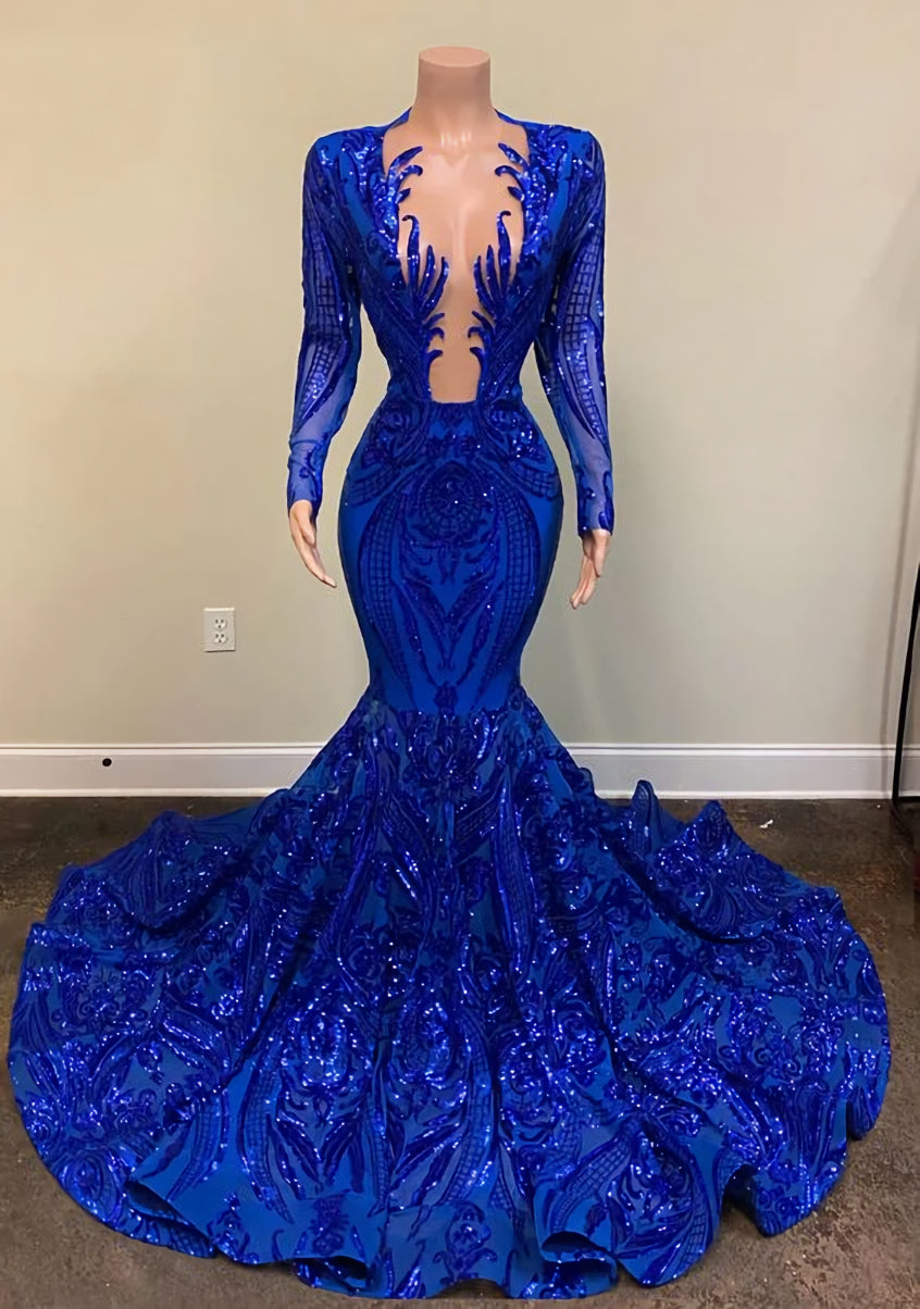 Sparkly Royal Blue Sequin Prom Dresses Mermaid Long Gala Dress for Black Girl