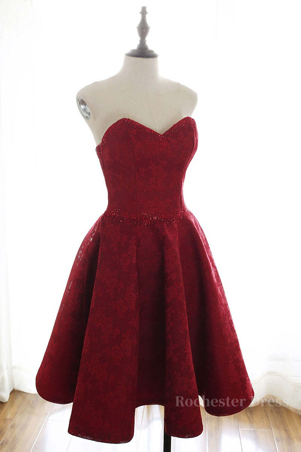 Strapless Backless Burgundy Lace Short Prom Dress, Short Burgundy Lace Homecoming Dress