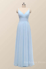 Straps Blue Empire Chiffon Long Bridesmaid Dress